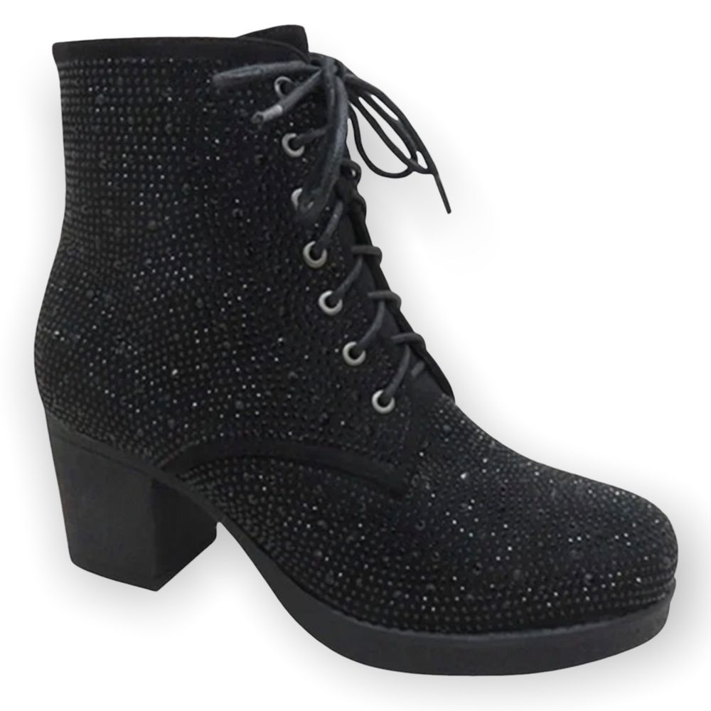 SIZE 11 Italina Black‎ Metallic Glitter Rhinestone Embellished Combat Bootie
